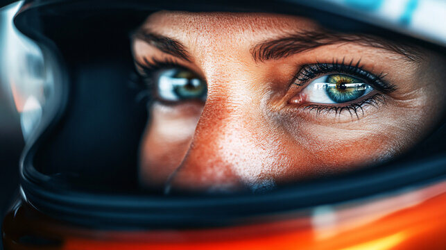 close-up of a female race car driver in helmet