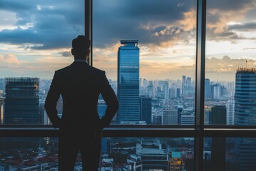Naklejka na ściany i meble Silhouette of a businessman looking out over the city skyline at sunset.