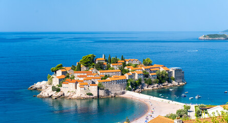 view on Sveti Stefan island in Montenegro