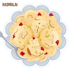 Ras Malai Bowl with Almonds, Pistachio, Saffron & Rose Petals Garnish - Top View Indian Dessert Vector Art