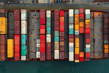 Fototapeta premium Aerial View of Cargo Containers on a Ship at a Port