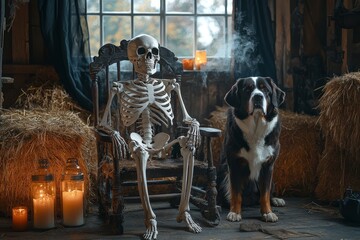 Skeleton sitting on an old wooden chair next to a large brown and white dog in a spooky Halloween-decorated room with candles and straw bales.