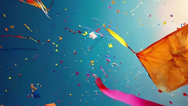 Colorful kites soaring high above sky on holiday composition