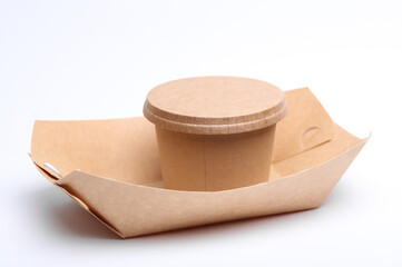 Eco cardboard round food box and tray on white background