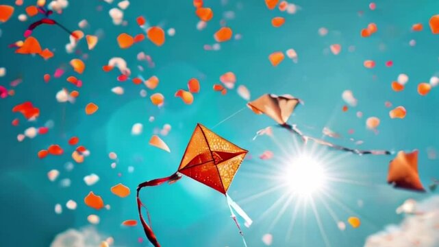 Colorful kites soaring high above sky on holiday composition