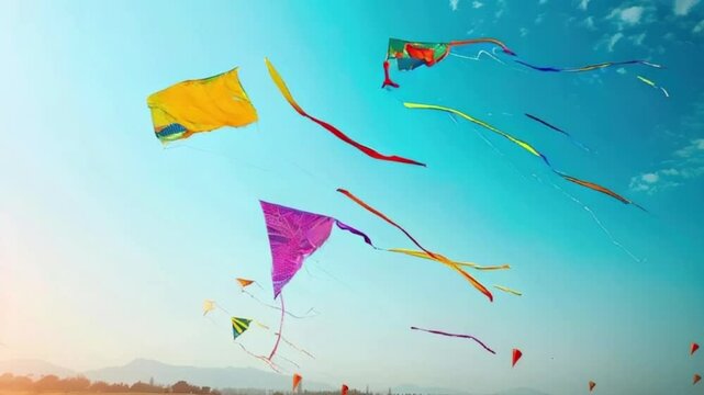 Colorful kites soaring high above sky on holiday composition