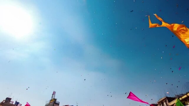 Colorful kites soaring high above sky on holiday composition