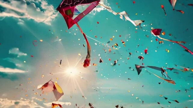 Colorful kites soaring high above sky on holiday composition