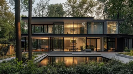 Fototapeta premium Modern Architecture House with Pool and Forest View