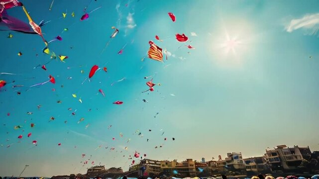 Colorful kites soaring high above sky on holiday composition
