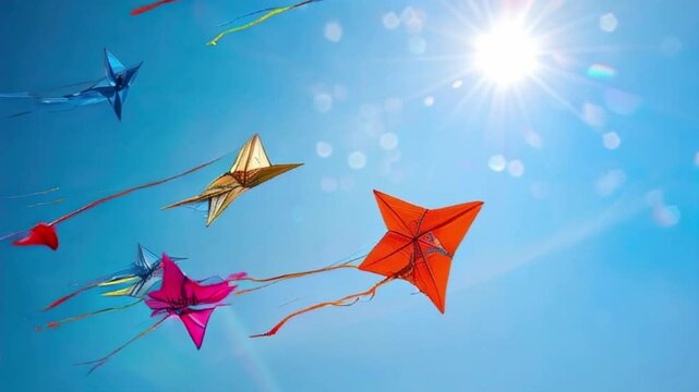 Colorful kites soaring high above sky on holiday composition