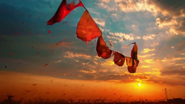 Colorful kites soaring high above sky on holiday composition