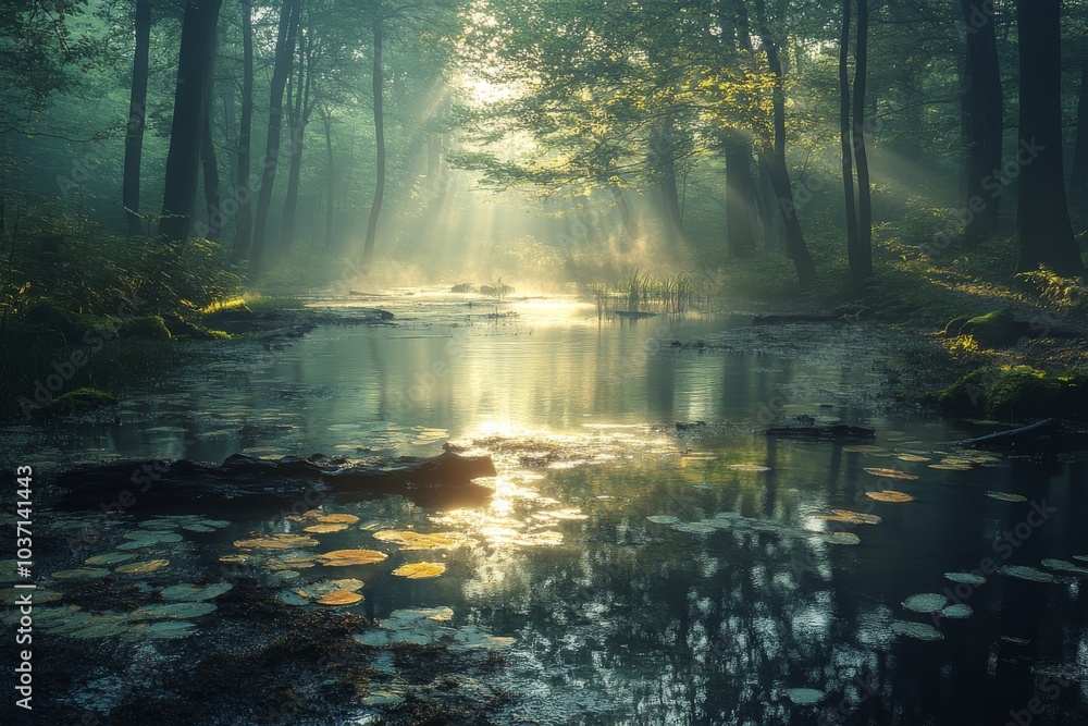 Poster serene forest scene with soft sunlight filtering through the trees, illuminating a tranquil pond.