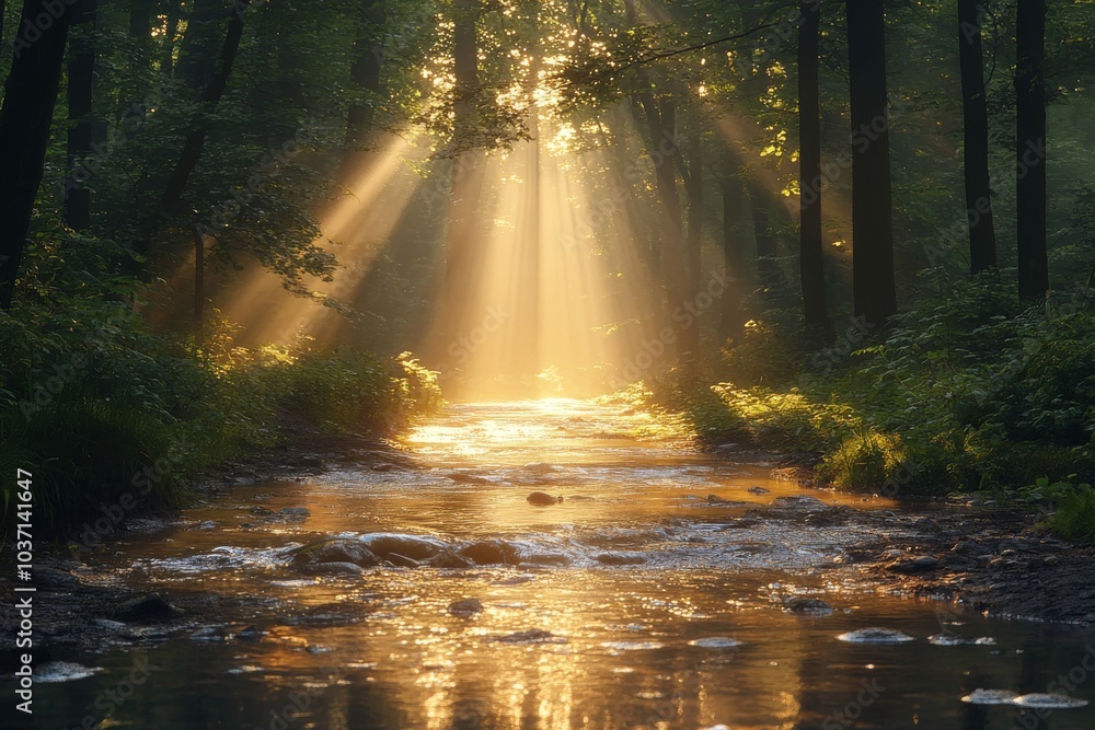 Poster a serene forest scene with sunlight streaming through trees over a gently flowing stream.