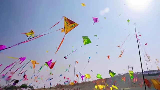 Colorful kites soaring high above sky on holiday composition