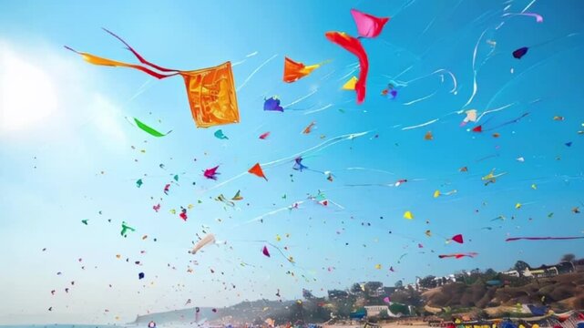 Colorful kites soaring high above sky on holiday composition