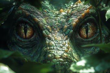 Naklejka premium A close-up of a mystical green reptile's eyes peering through lush foliage, creating an enchanting and mysterious atmosphere.