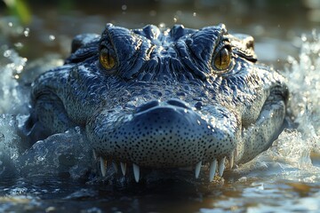 Obraz premium A close-up of a crocodile's face emerging from the water, showcasing its fierce expression and powerful jaws.