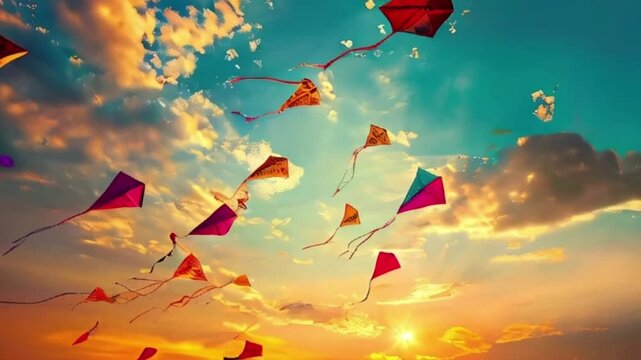 Colorful kites soaring high above sky on holiday composition