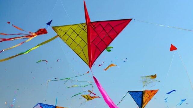 Colorful kites soaring high above sky on holiday composition
