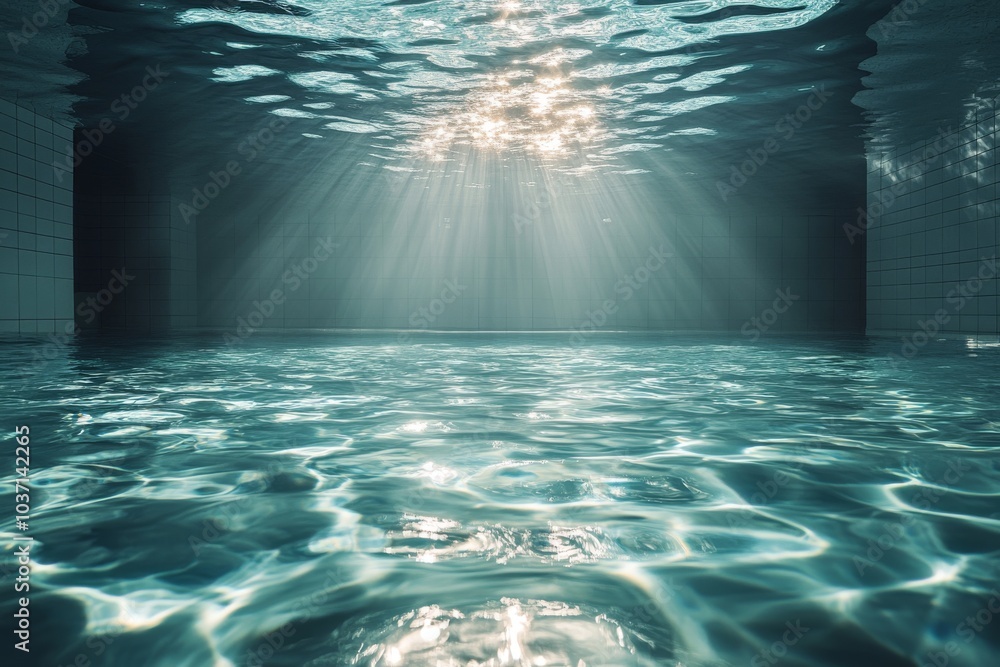 Poster serene underwater scene with soft light rays illuminating a tranquil pool, creating a calming atmosp