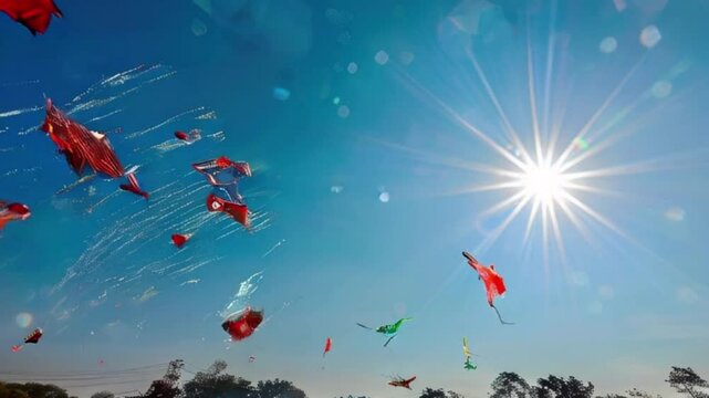 Colorful kites soaring high above sky on holiday composition