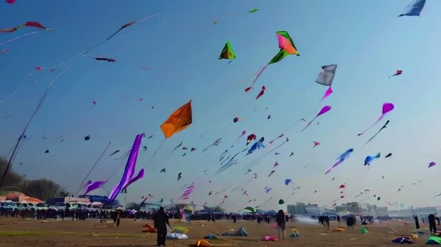 Colorful kites soaring high above sky on holiday composition