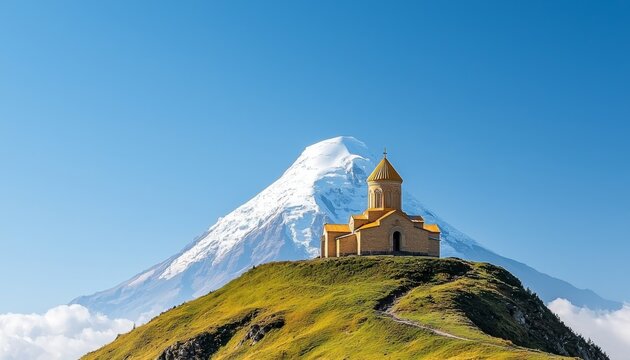 A stunning mountain landscape featuring a church atop a green hill, with a snow-capped peak and clear blue sky in the background.