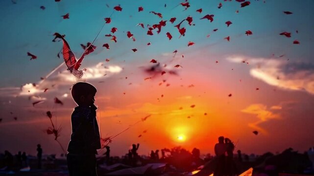Colorful kites soaring high above sky on holiday composition