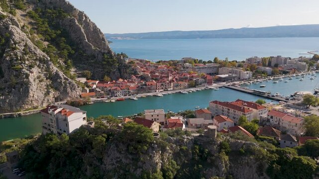 Aerial drone view of the coastal town of Omis in the south of Croatia.