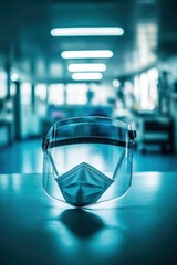 A protective face shield and mask on a table in a medical setting.
