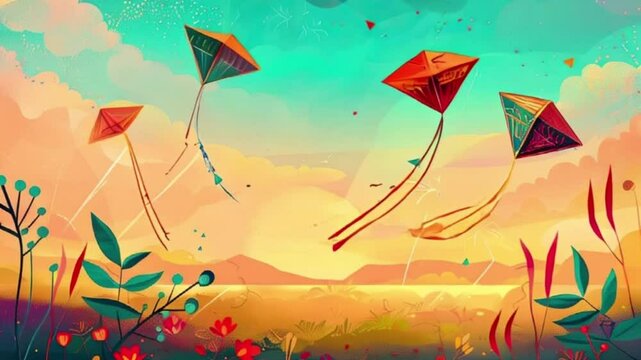 Colorful kites soaring high above sky on holiday composition