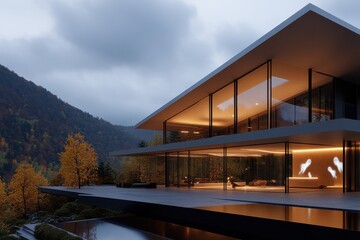 Obraz premium A sleek, contemporary house stands amidst hills, embellished with vapor-like ghost forms, captured under a serene autumn sky, perfect scene of modern style.