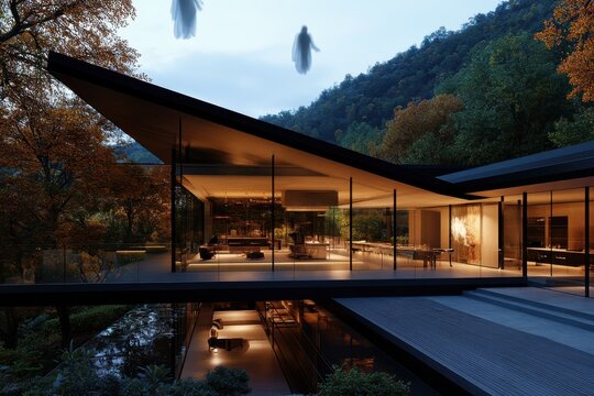 An angular, modern house with large glass windows is surrounded by lush autumn foliage. Ethereal entities float outside, creating a surreal, otherworldly scene.