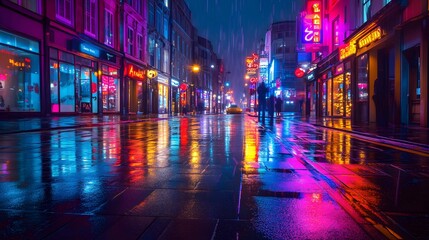 70. A vibrant city street at night, with neon lights reflecting off the wet pavement