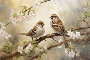 Two sparrows sit closely on a branch adorned with blooming flowers enjoying the tranquil atmosphere of a spring day filled with life and color