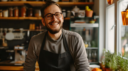 Cheerful Barista in a Cozy Caf Setting, generative ai