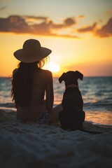 Woman and Dog Silhouettes on Beach at Sunset