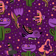 Flowers and birds stylized folk art elements Vector seamless overlapping pattern