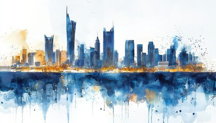 Obraz premium A vibrant watercolor city skyline in blue and gold tones, depicting modern buildings against a light background.
