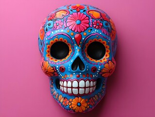 Azure Skull Adorned with Blossoming Florals.
