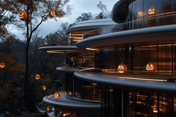 A beautifully curved glass building illuminated by numerous pumpkins at nighttime, offering a seamless blend of modern design and Halloween spirit in a wooded setting.
