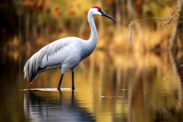 Naklejka premium A beautiful crane stands in tranquil waters reflecting the warm hues of autumn leaves as soft sunlight filters through enhancing its elegance and serenity