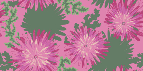 Chrysanthemums Asters Abstract fantasy flowers variegated ornament Asian motifs vector seamless overlapping pattern rapport