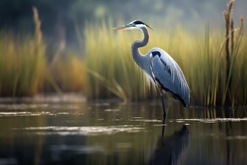 Naklejka premium A great blue heron wades quietly in shallow water reflecting in the peaceful surface while lush grasses sway gently in the background at dawn