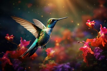 Obraz premium A hummingbird is gracefully suspended in air surrounded by bright flowers under warm sunlight showcasing natures beauty and delicate colors