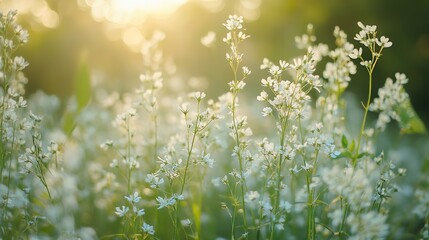 Wild grass in the forest during sunlight. Macro image, shallow depth of field of white flowers. Abstract summer nature background. Nature close up beautiful summer meadow 