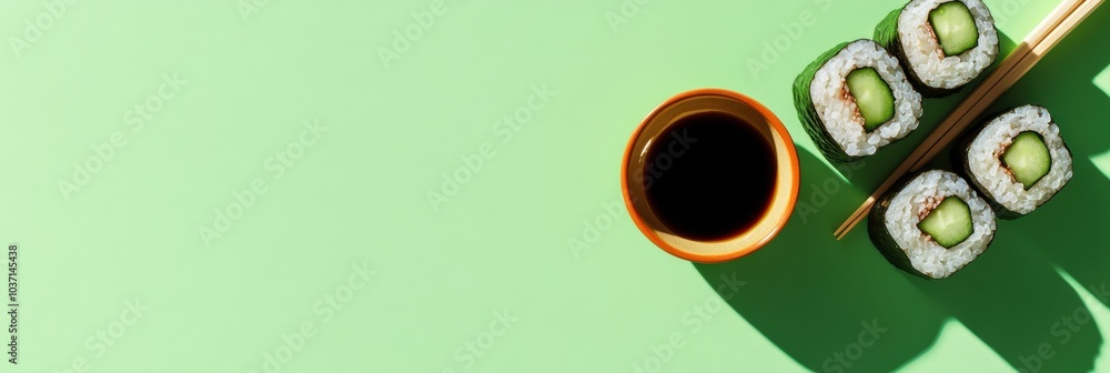 Poster Enjoy a set of fresh sushi rolls filled with cucumber, accompanied by a bowl of soy sauce and chopsticks on a colorful background. Generative AI
