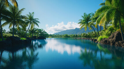 Obraz premium A serene lagoon surrounded by palm trees, perfect for relaxation and tranquility.