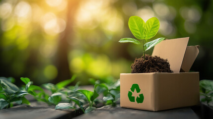 Sustainable growth: a tiny plant sprouting from a cardboard box adorned with a recycle symbol